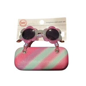 Wonder Nation Girls Flower Sunglasses, Glitter Hard Case Pink Blue Colorful NWT